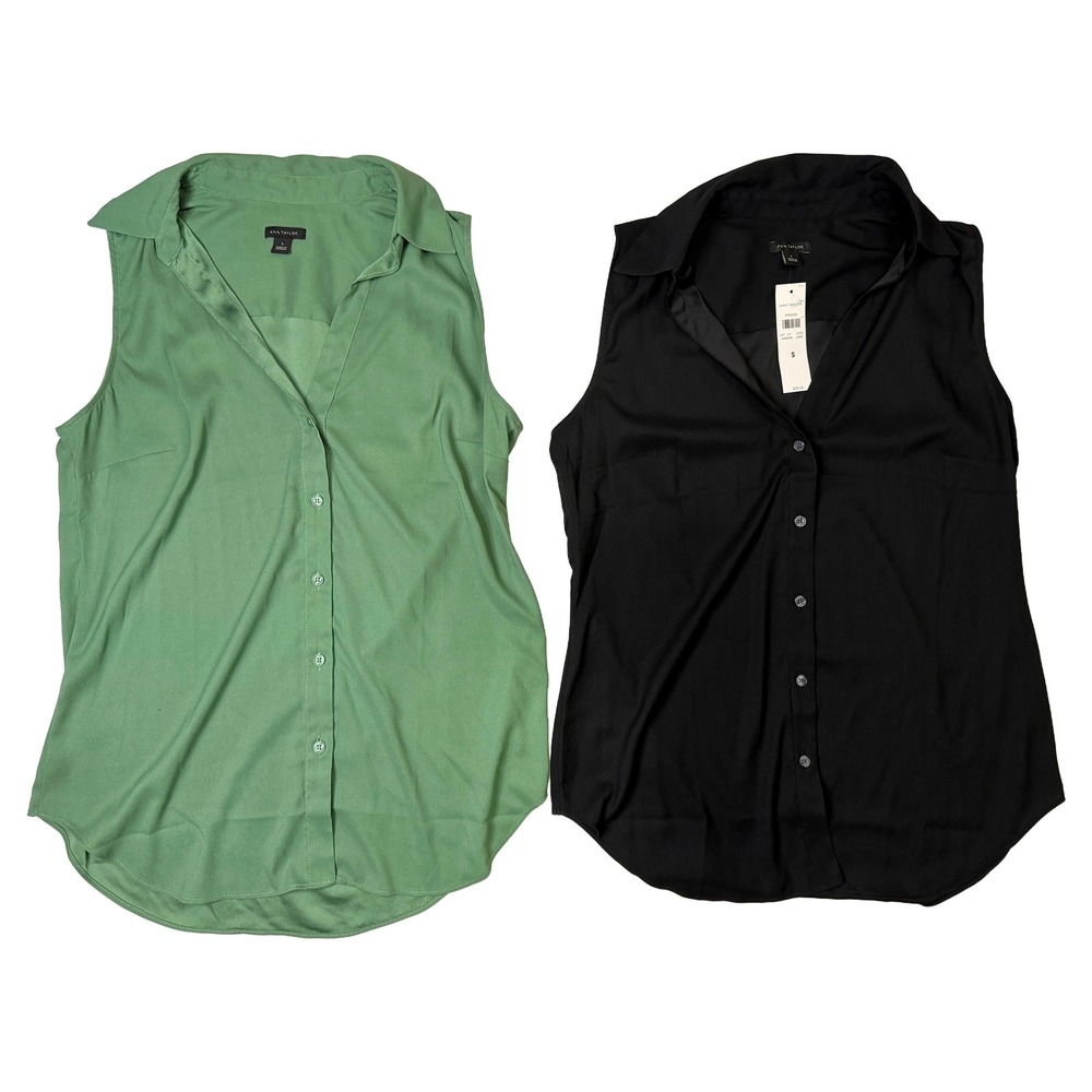 Ann Taylor Sleeveless Button Down Blouse Lot 2 Black Green Small 27350324